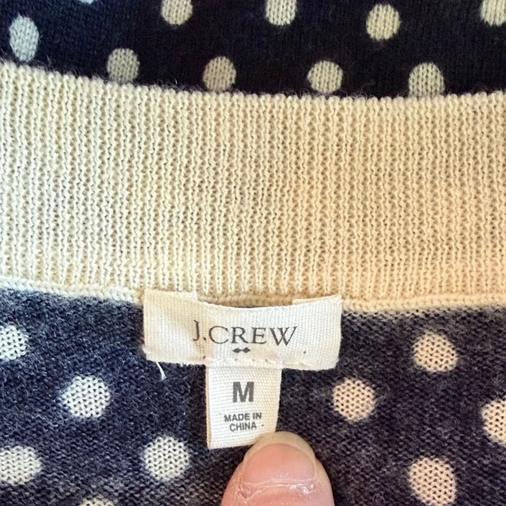 J.Crew Merino Wool Polka Dot Sweater Medium Navy Ivory 3/4 Sleeve Knit